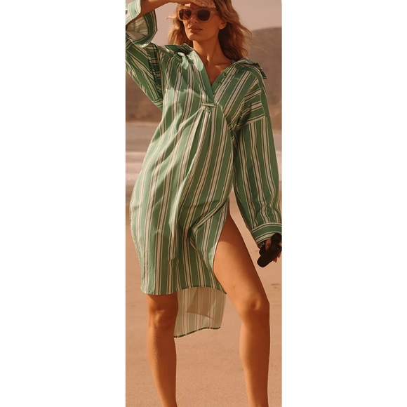 Anthropologie Long Sleeve Popover Dress in Green Stripe - Picture 1 of 10